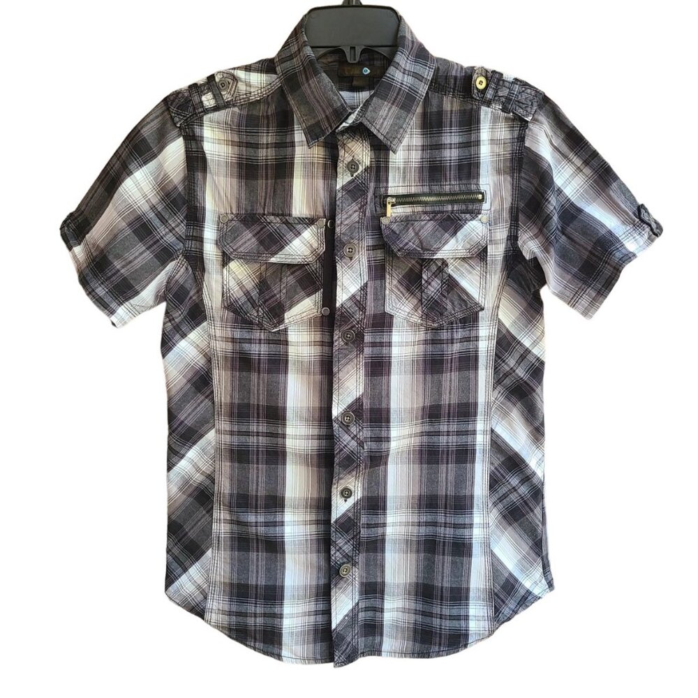 Twice Brand Shirt Small Black Plaid 100% Cotton Metal Buttons Zip Pocket